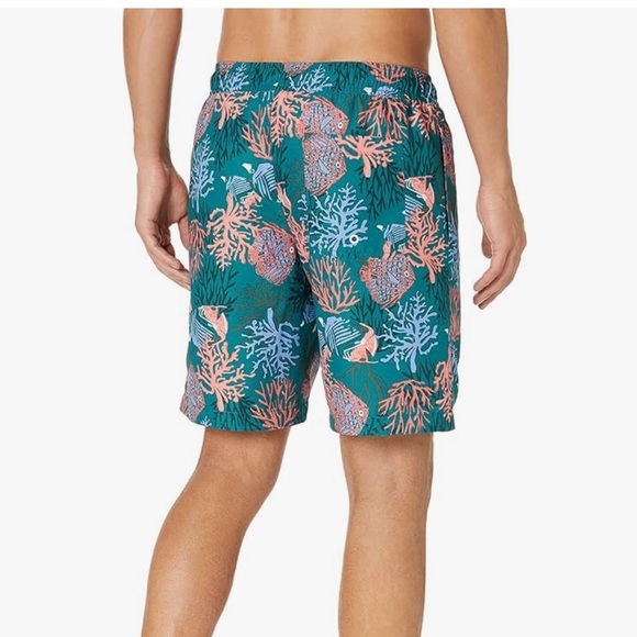 Amazon Essentials Mens 9" Quick-Dry Swim Trunk Teal Coral Tropical Print L NEW - Picture 2 of 10
